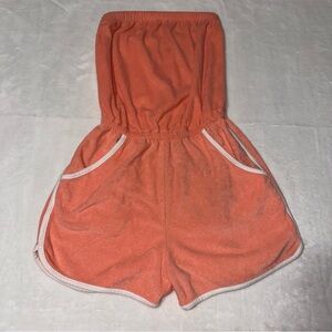 Coral Terry Cloth Strapless Athletic Shorts Romper